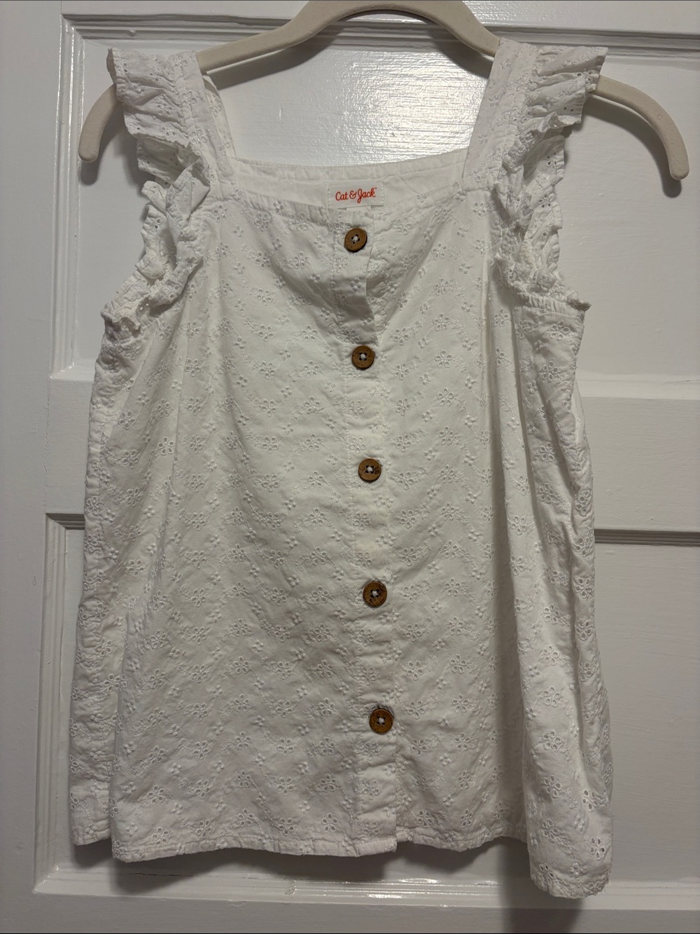 Cat & Jack White Eyelet Button Front Ruffle Strap Top